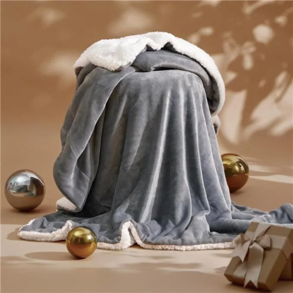 Sherpa Fleece Throw Blanket Cozy Soft Warm Plush Blanket Grey Couch Sofa Winter